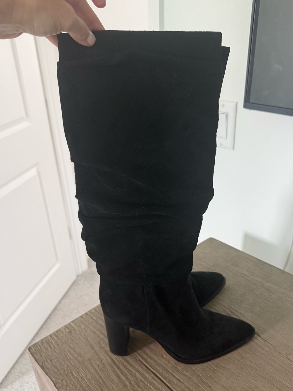 PAIGE Black Suede Heeled Slouch Boots